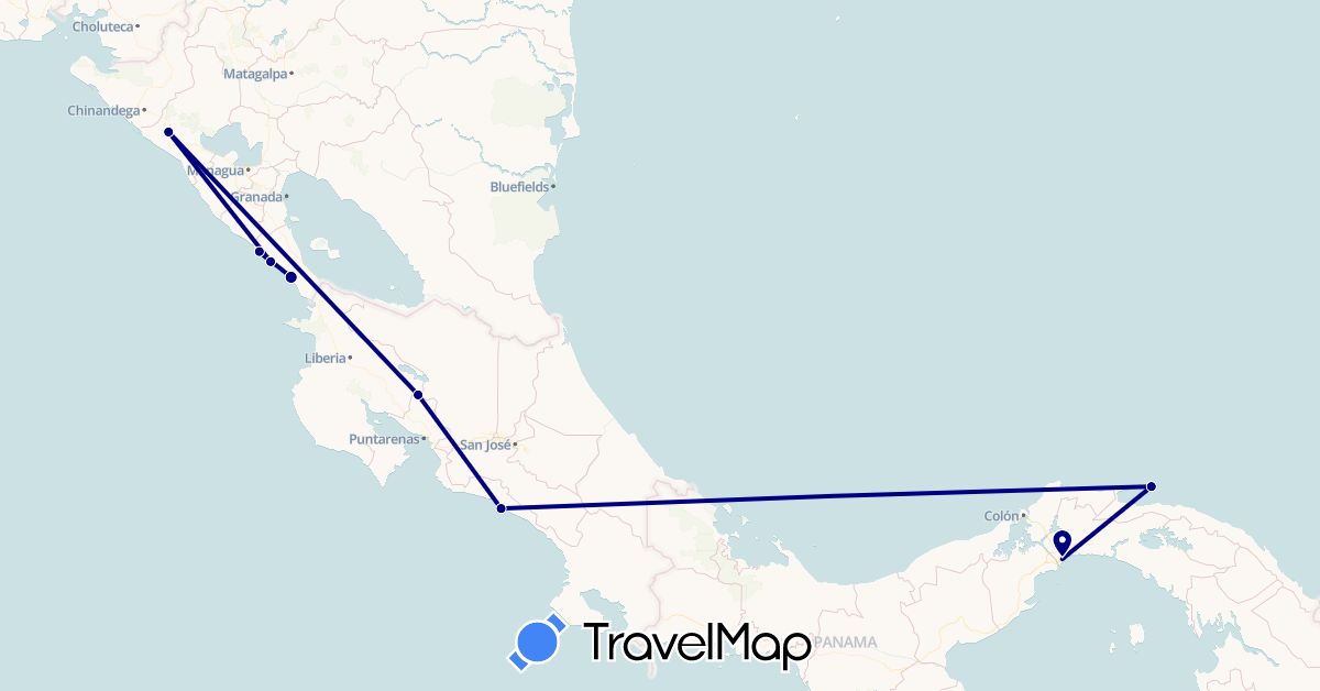 TravelMap itinerary: driving in Costa Rica, Nicaragua, Panama (North America)